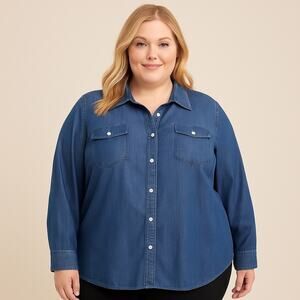 Torrid Chambray Denim Shirt Blouse Size 3 Long Sleeve Plus Classic Casual Layer